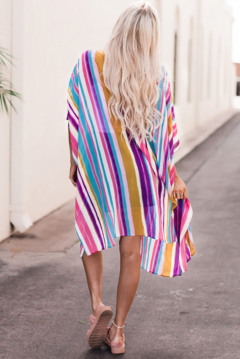 Gray Striped Side Slit Open Front Cardigan