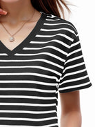 Light Gray Plus Size Striped V-Neck Short Sleeve T-Shirt Vacation