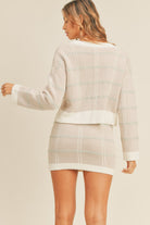 Light Gray MABLE Plaid Button Down Sweater Cardigan and Mini Skirt Set Trends