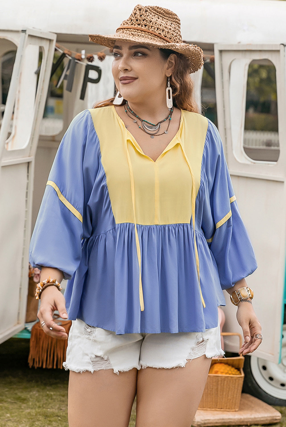 Gray Plus Size Ruched Tie Neck Balloon Sleeve Blouse