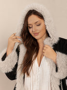 Gray Plus Size Fuzzy Trim Open Front Long Sleeve Hooded Coat Coats & Jackets