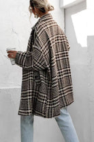 Gray Houndstooth Collared Neck Long Sleeve Coat with Pockets Coats & Jackets