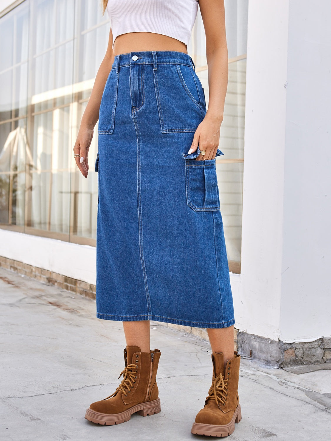 Light Gray Slit Midi Denim Skirt with Pockets Denim