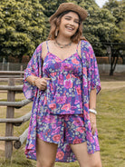 Dim Gray Plus Size Printed Cami, Open Front Cover Up and Shorts Set