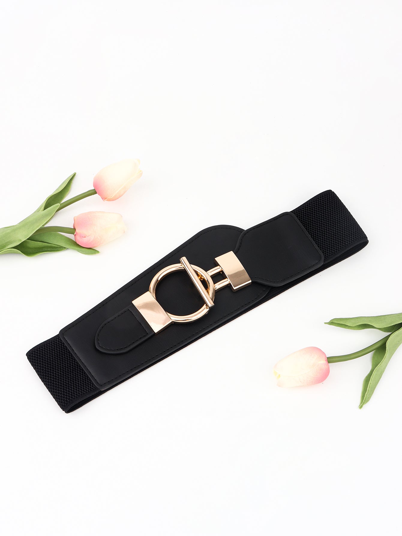 White Smoke PU Elastic Wide Belt with Alloy Buckle Trends