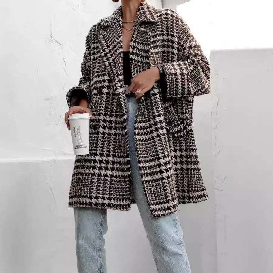 Gray Houndstooth Collared Neck Long Sleeve Coat with Pockets Coats & Jackets