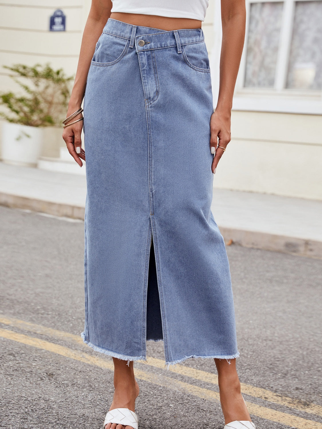 Gray Slit Asymmetrical Waist Denim Skirt Denim