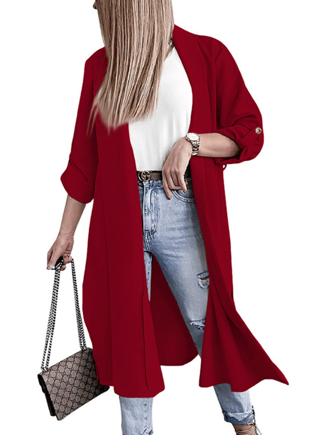 Dark Red Slit Open Front Roll-Tab Sleeve Trench Coat Coats & Jackets