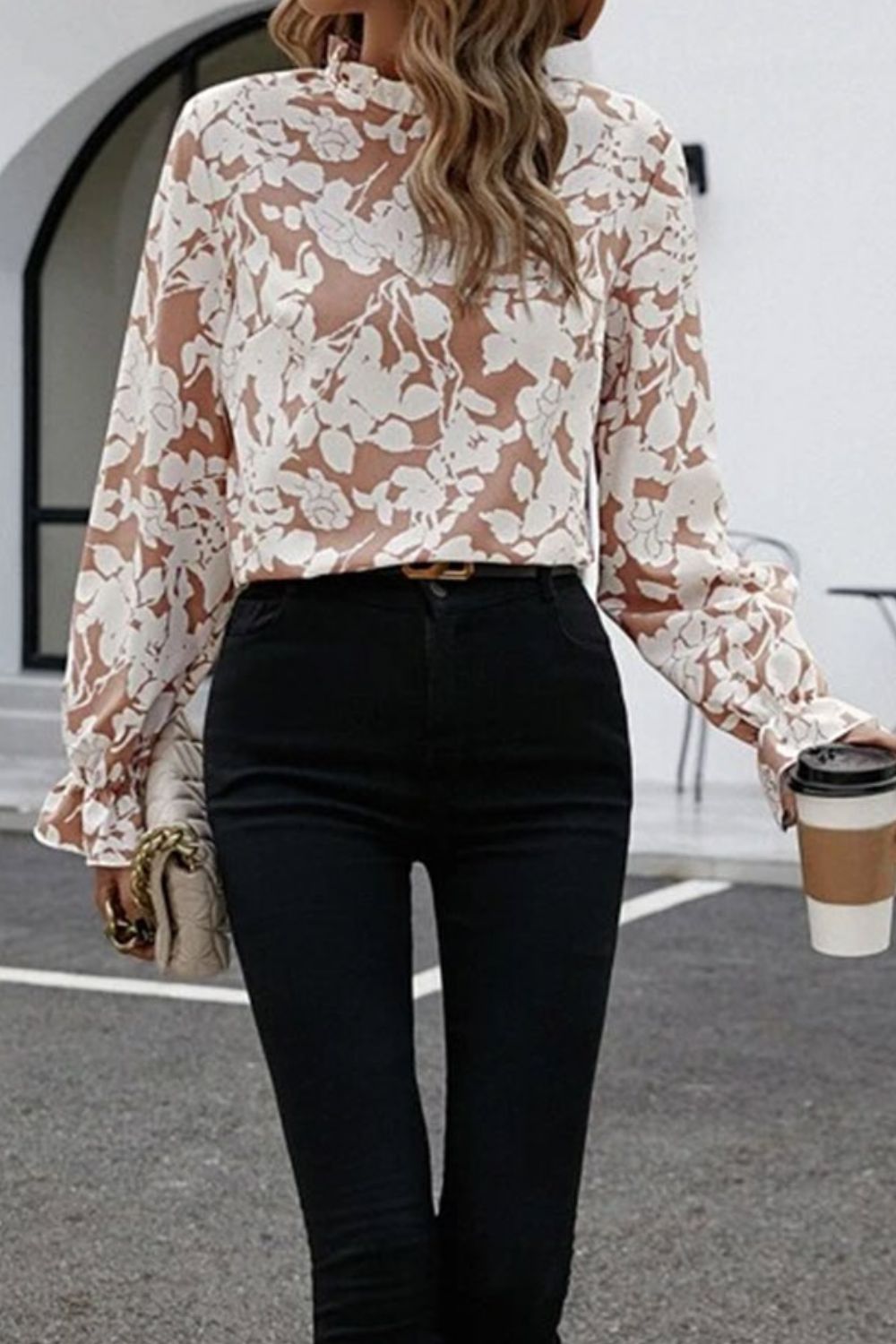 Dim Gray Floral Print Mock Neck Flounce Sleeve Blouse