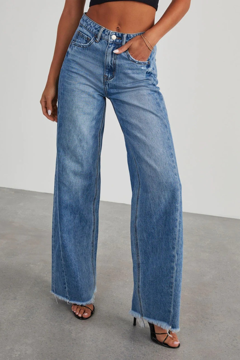 Light Slate Gray Raw Hem Wide Leg Jeans with Pockets Denim