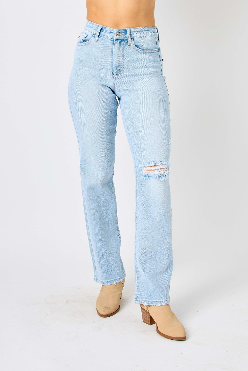 Light Gray Judy Blue Full Size High Waist Distressed Straight Jeans Denim