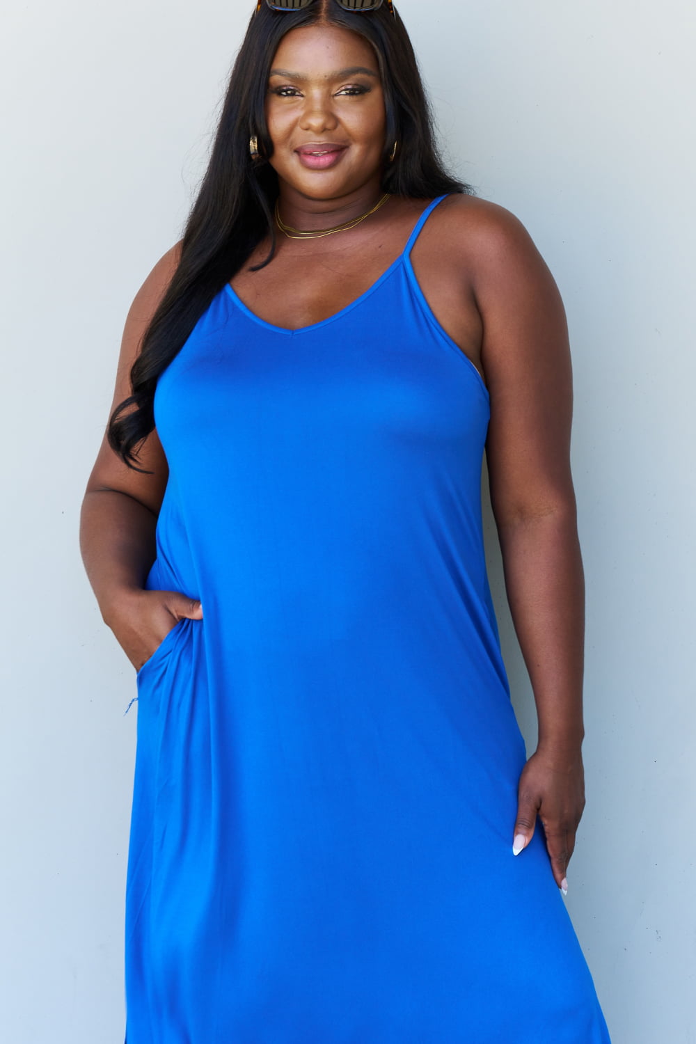 Light Gray Ninexis Good Energy Full Size Cami Side Slit Maxi Dress in Royal Blue Dress