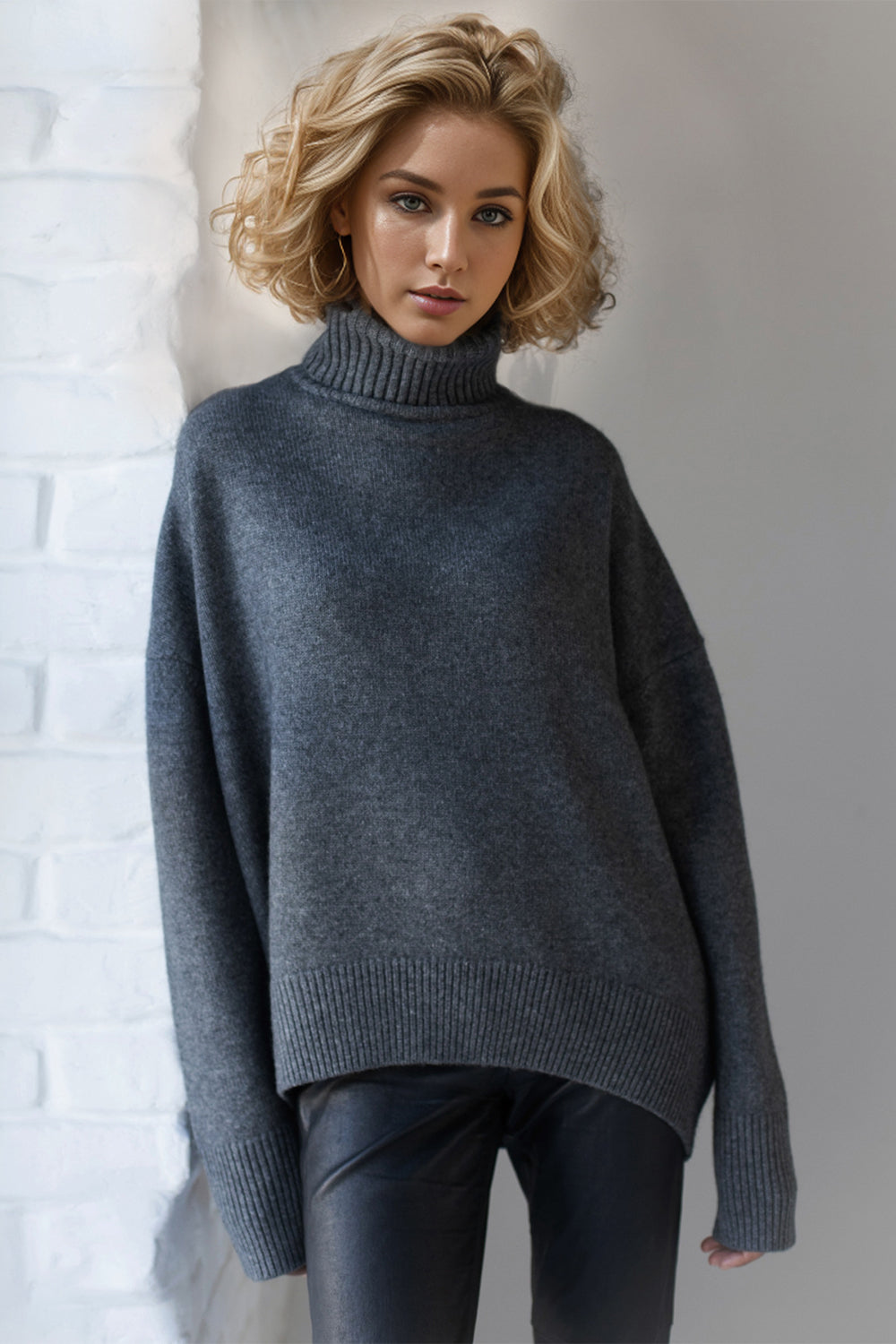 Light Slate Gray Basic Bae Turtleneck Dropped Shoulder Long Sleeve Sweater Trends