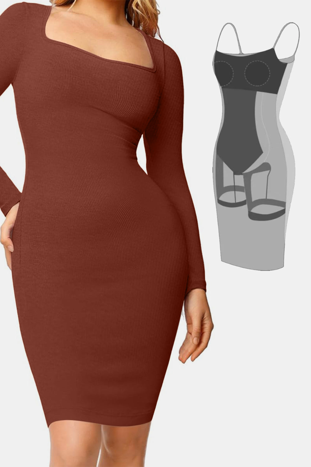 Saddle Brown Basic Bae Full Size Built-In Shapewear Square Neck Long Sleeve Dress Cocktail Dresses