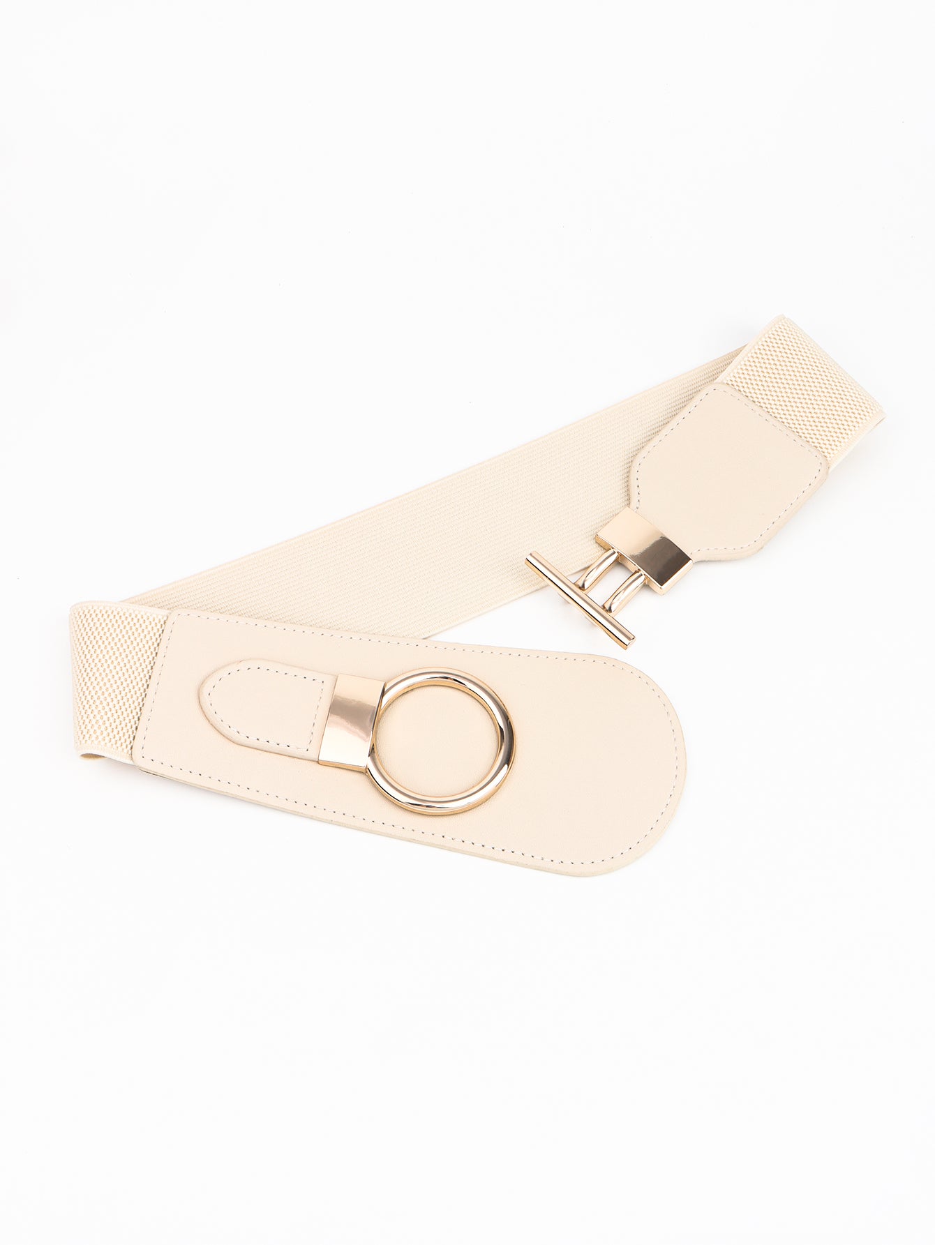 Antique White PU Elastic Wide Belt with Alloy Buckle Trends