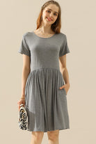 Light Gray Ninexis Full Size Round Neck Ruched Dress with Pockets Dress