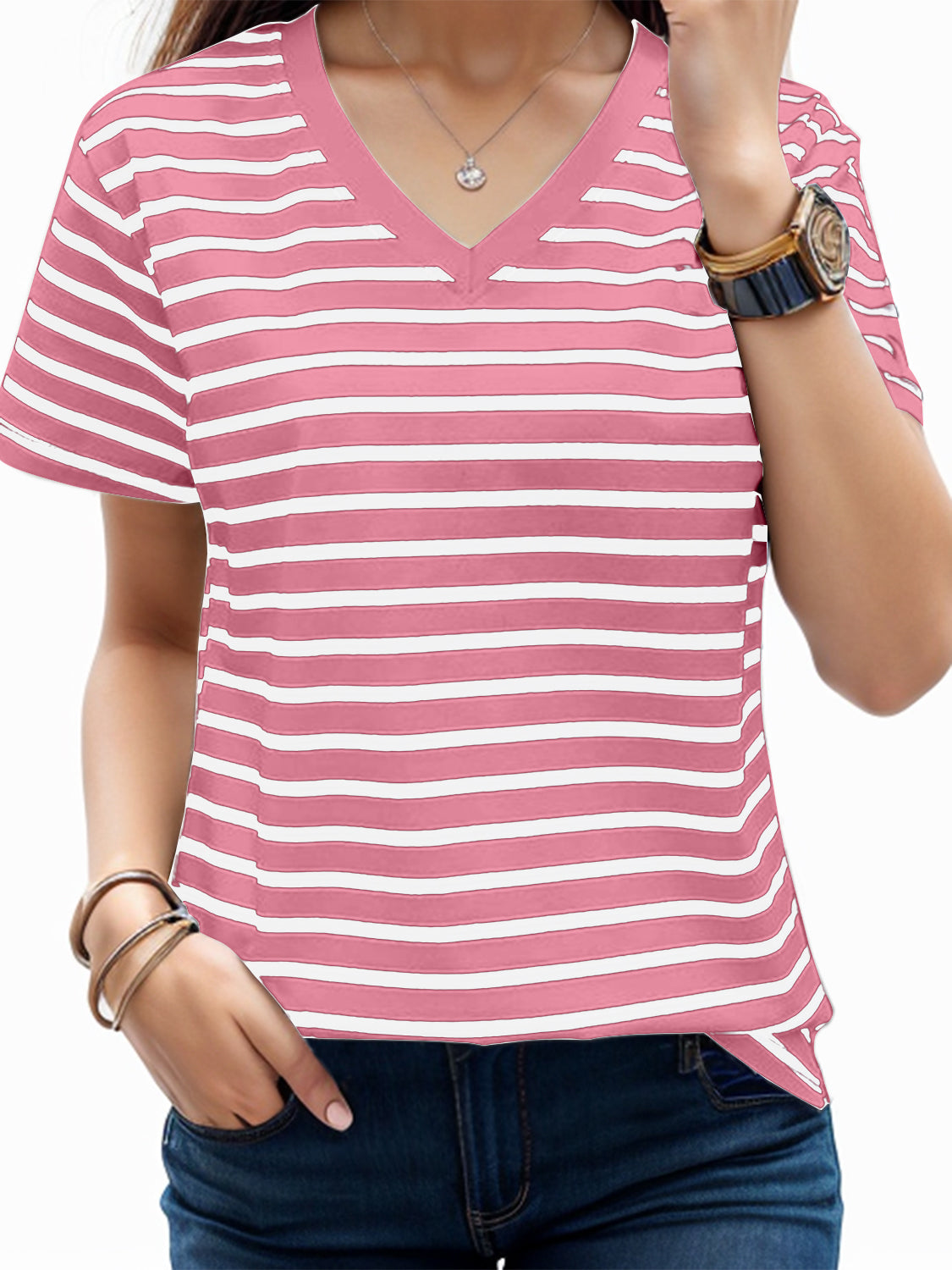 Rosy Brown Plus Size Striped V-Neck Short Sleeve T-Shirt Vacation