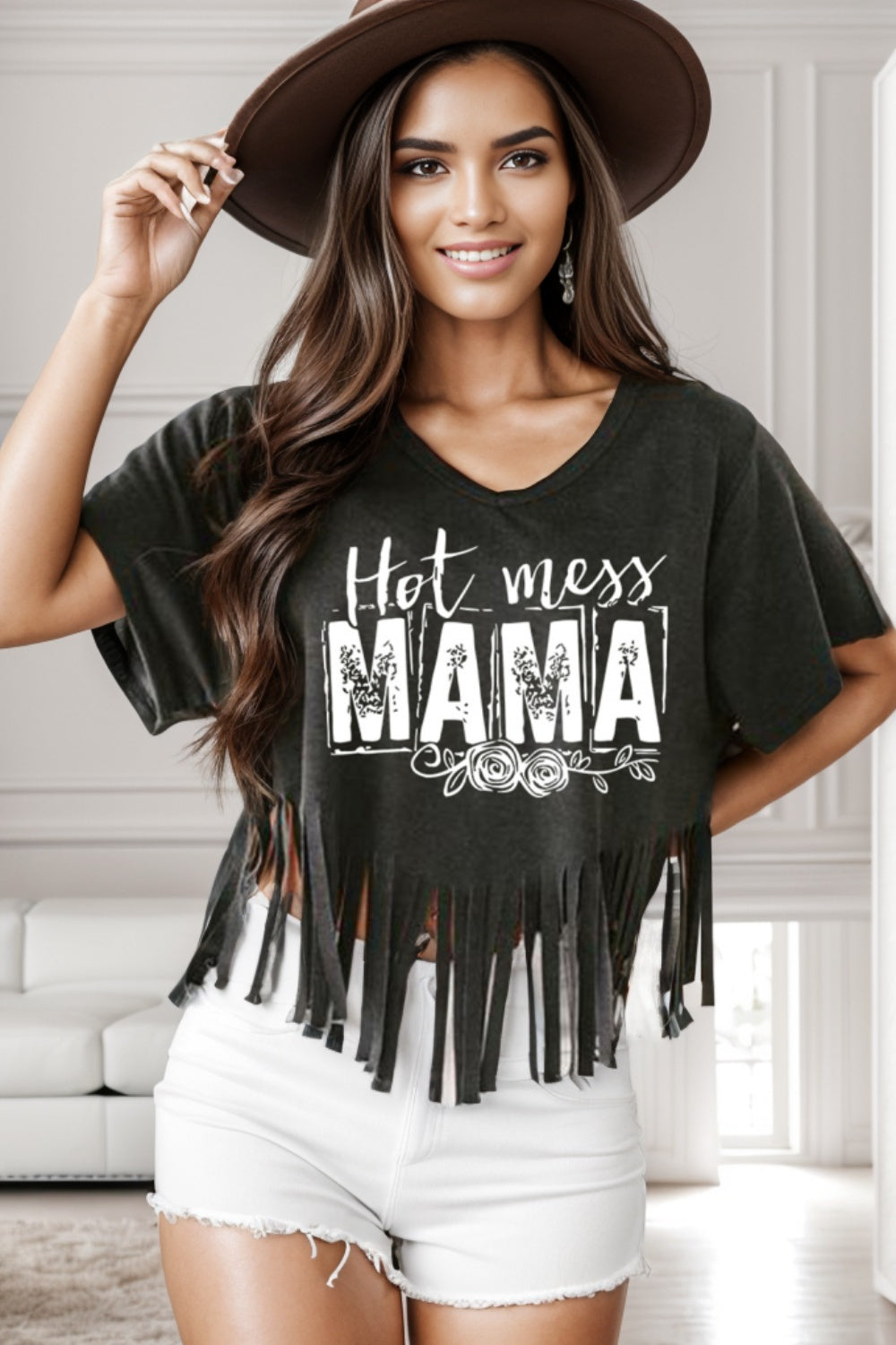 Dark Slate Gray HOT MESS MAMA Fringe Round Neck T-Shirt