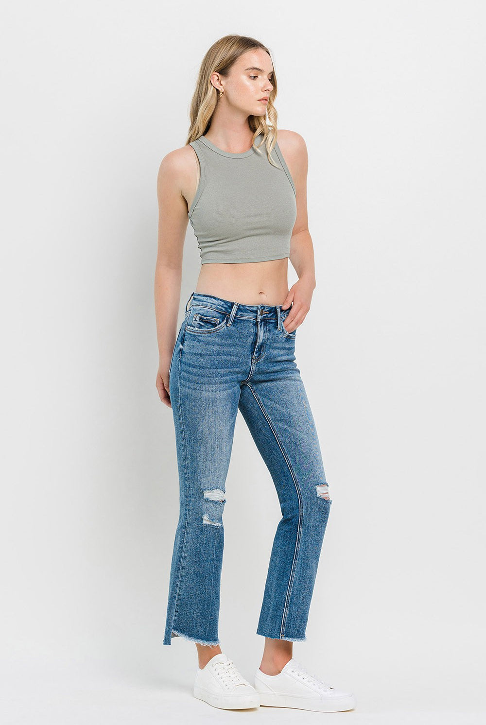 Light Gray Vervet by Flying Monkey Full Size Mid Rise Distressed Cropped Flare Jeans Denim