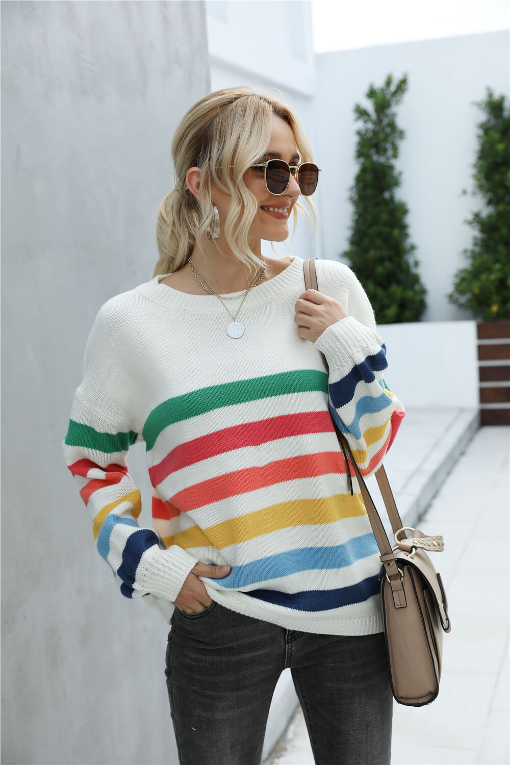 Gray Rainbow Stripe Dropped Shoulder Sweater