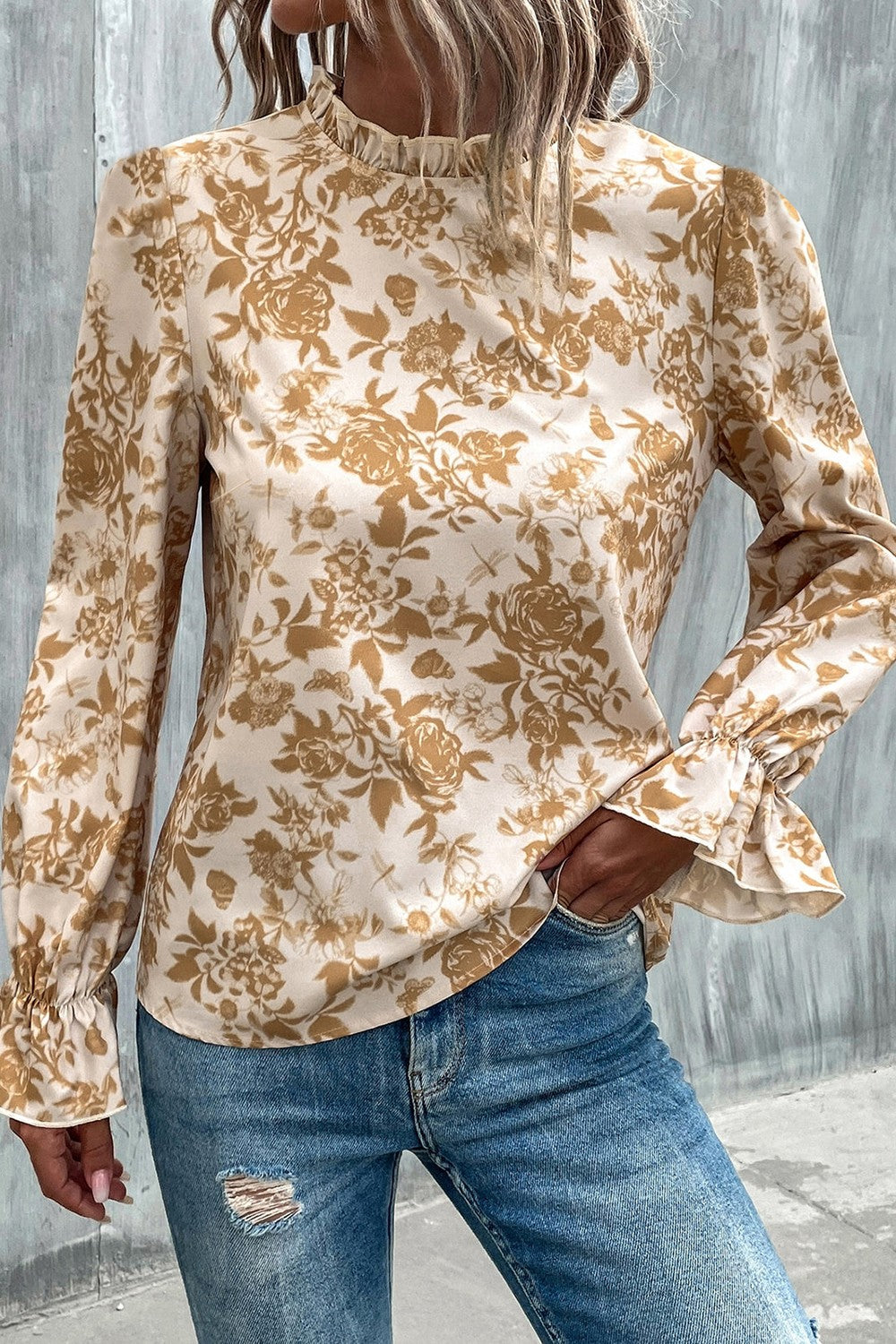 Dark Gray Floral Print Mock Neck Flounce Sleeve Blouse