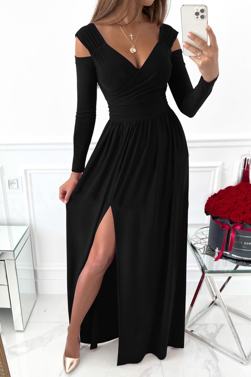 Black Slit Surplice Long Sleeve Maxi Dress Cocktail Dresses