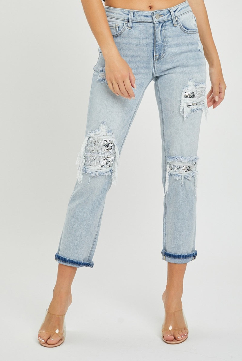 Light Gray RISEN Mid-Rise Sequin Patched Jeans