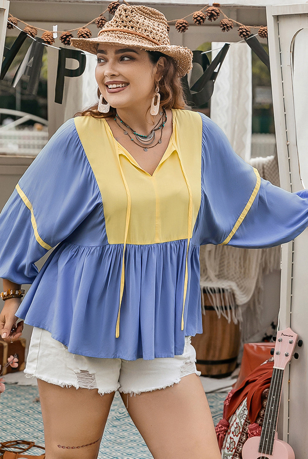 Dark Gray Plus Size Ruched Tie Neck Balloon Sleeve Blouse