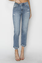 Light Gray RISEN Full Size High Waist Distressed Cropped Jeans Denim