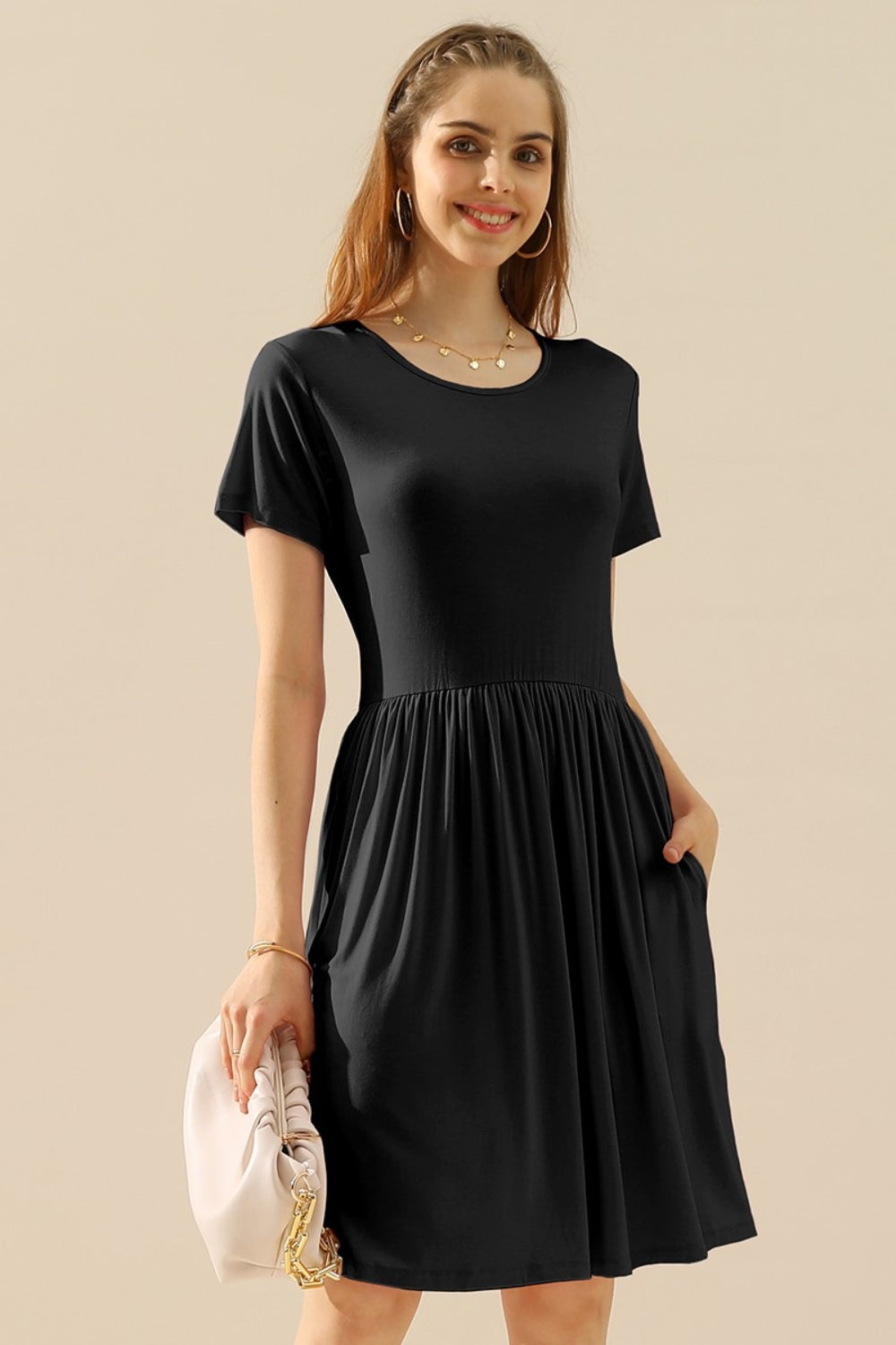 Black Ninexis Full Size Round Neck Ruched Dress with Pockets Dress