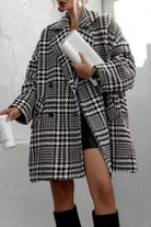 Light Slate Gray Houndstooth Collared Neck Long Sleeve Coat with Pockets Coats & Jackets