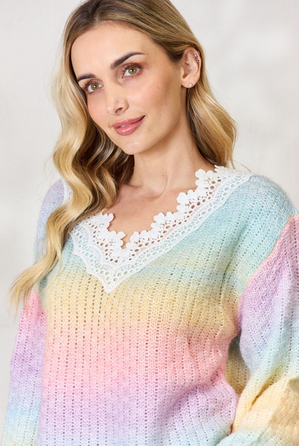 Light Gray BiBi Rainbow Gradient Crochet Deetail Sweater