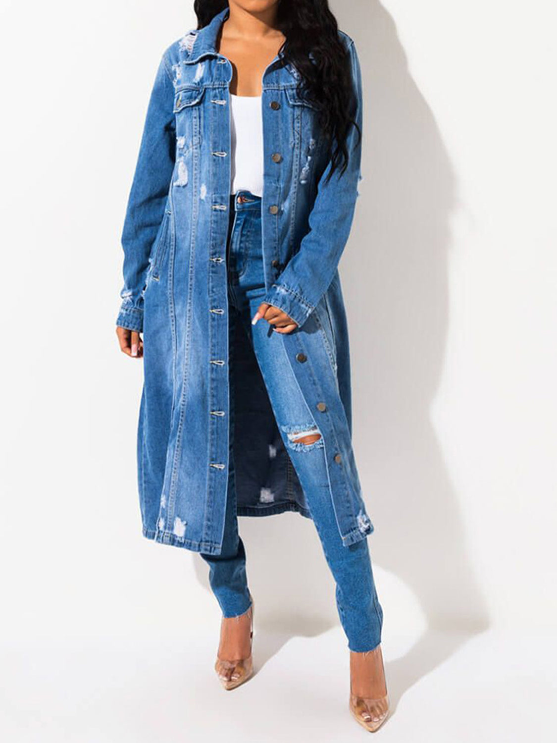 Dark Slate Blue Begin The Show Long Sleeve Raw Hem Denim Midi Jacket Denim Jacket