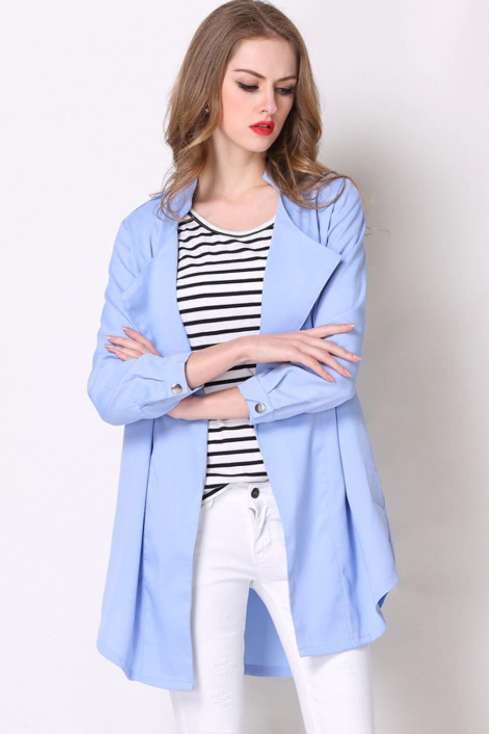 Light Gray Full Size Open Front Longline Trench Coat Coats & Jackets