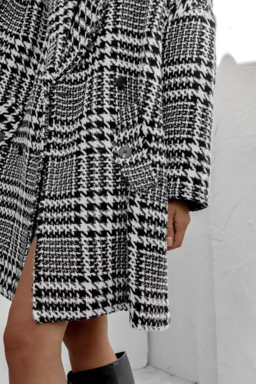 Dark Gray Houndstooth Collared Neck Long Sleeve Coat with Pockets Coats & Jackets