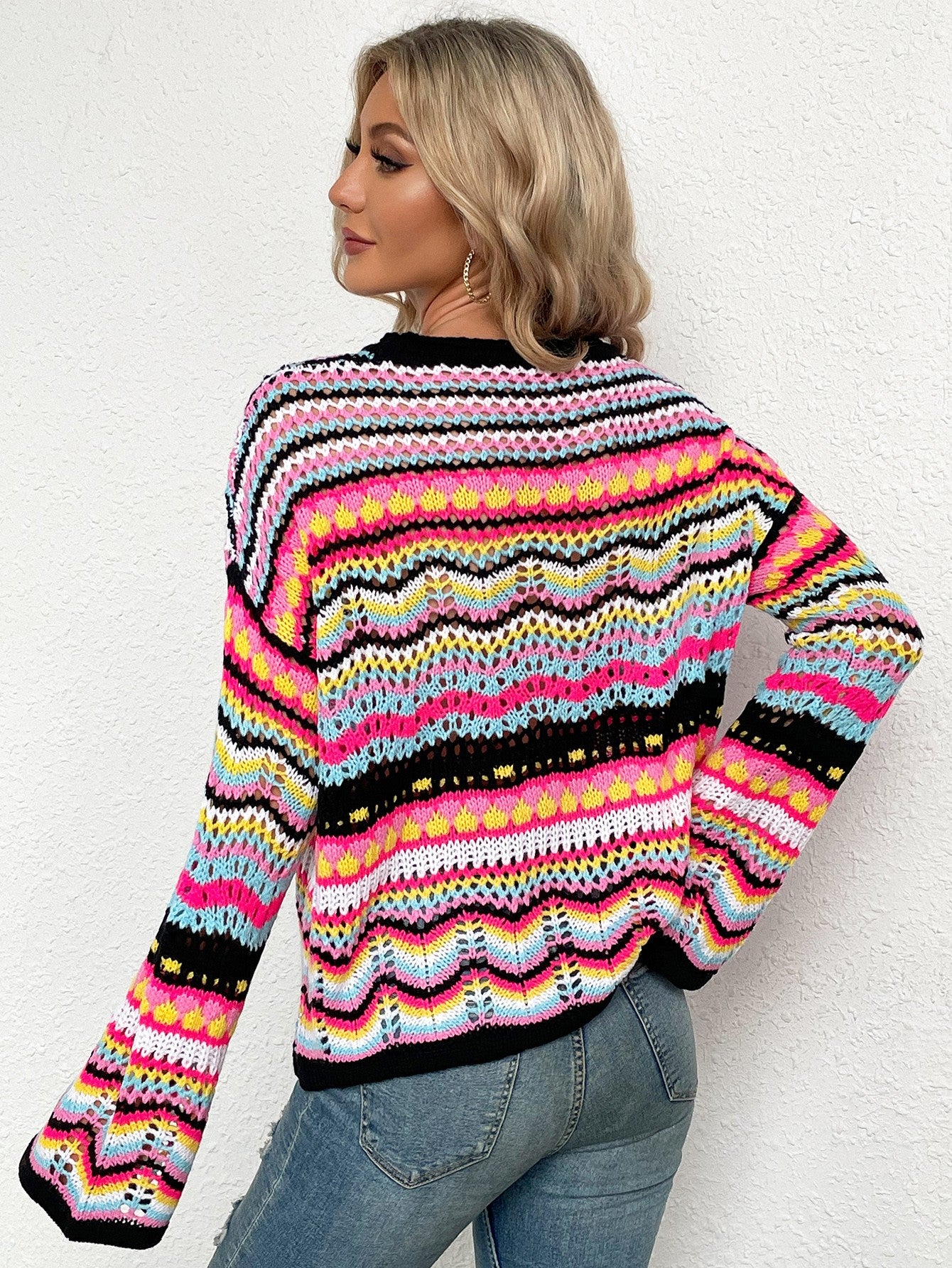 Dark Slate Gray Rainbow Stripe Openwork Flare Sleeve Knit Top