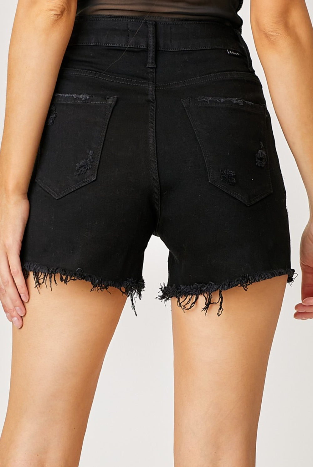 Black RISEN Frayed Hem Denim Shorts with Fringe Detail Pockets Denim