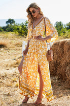 Wheat Printed Half Sleeve Top and Slit Skirt Set