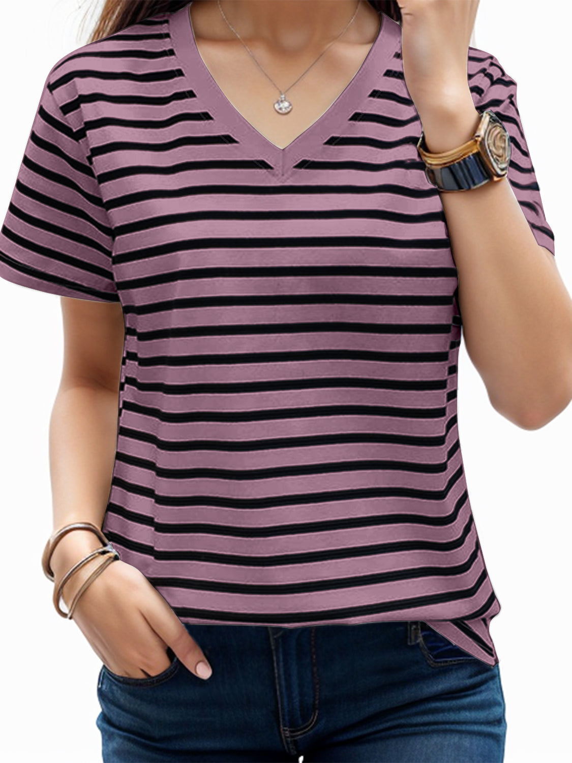 Dim Gray Plus Size Striped V-Neck Short Sleeve T-Shirt Vacation