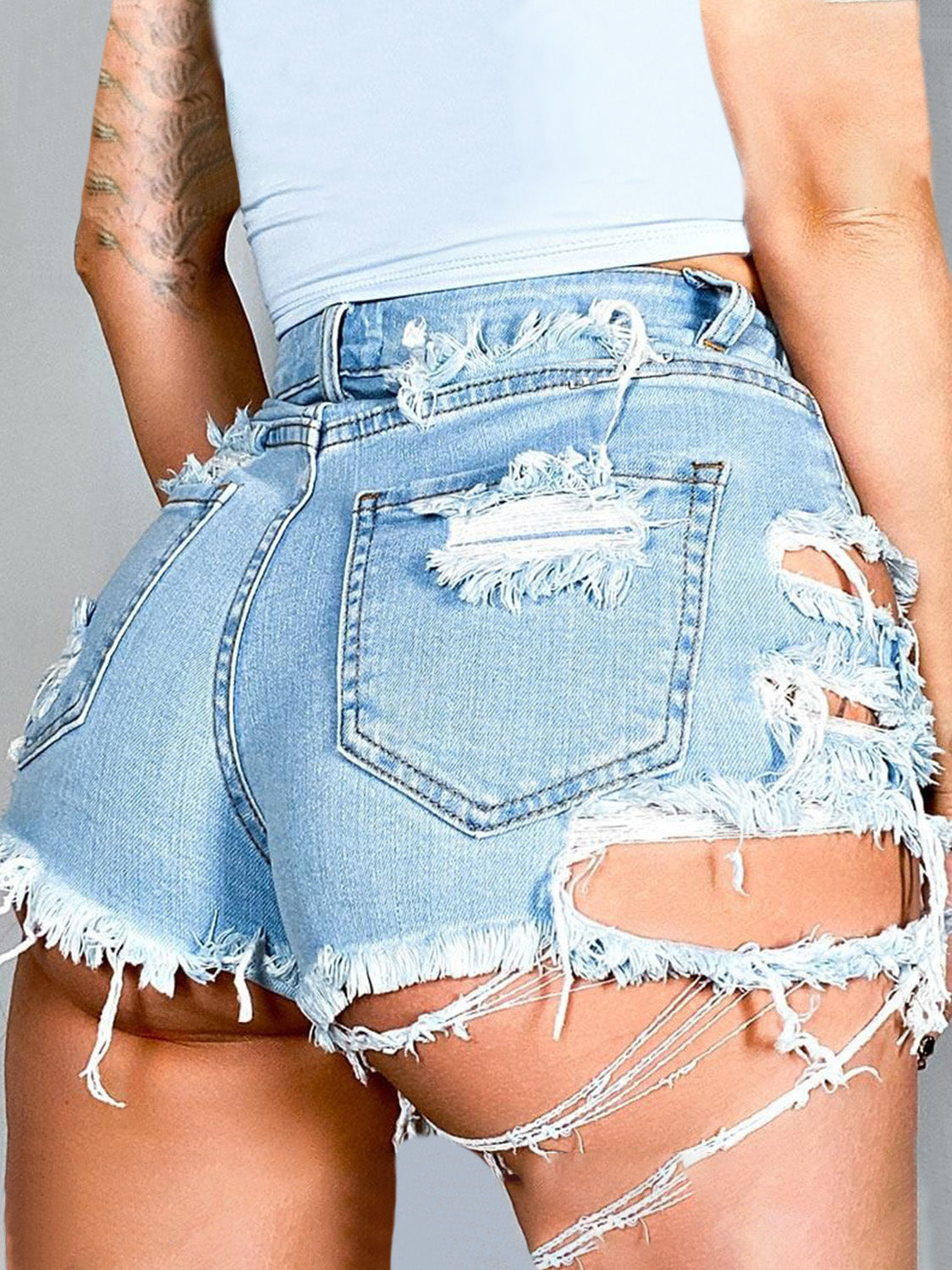 Light Gray Distressed Raw Hem Denim Shorts with Pockets Denim