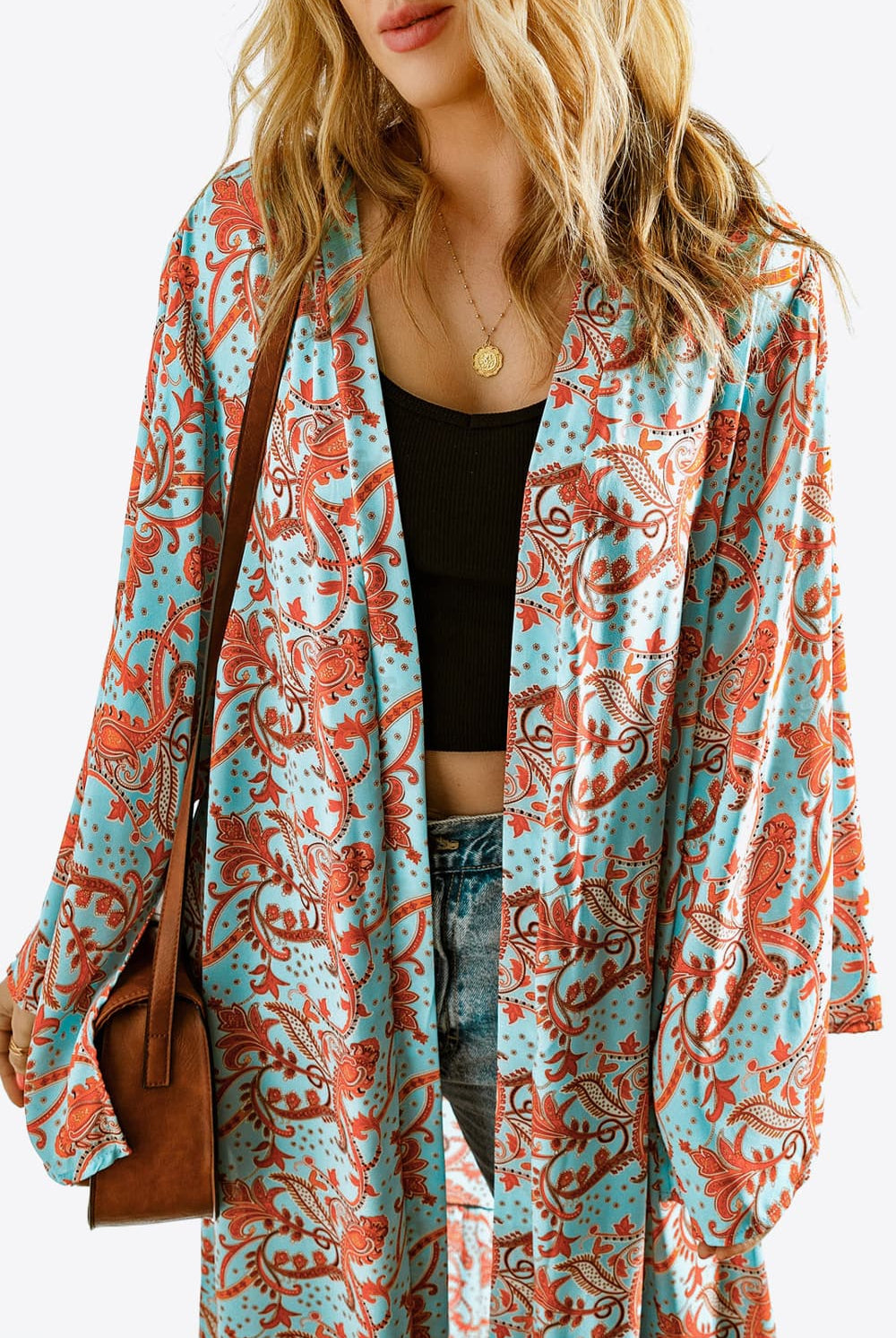 Light Gray Printed Open Front Duster Cardigan