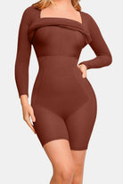 Beige Basic Bae Full Size Built-In Shapewear Square Neck Long Sleeve Dress Cocktail Dresses