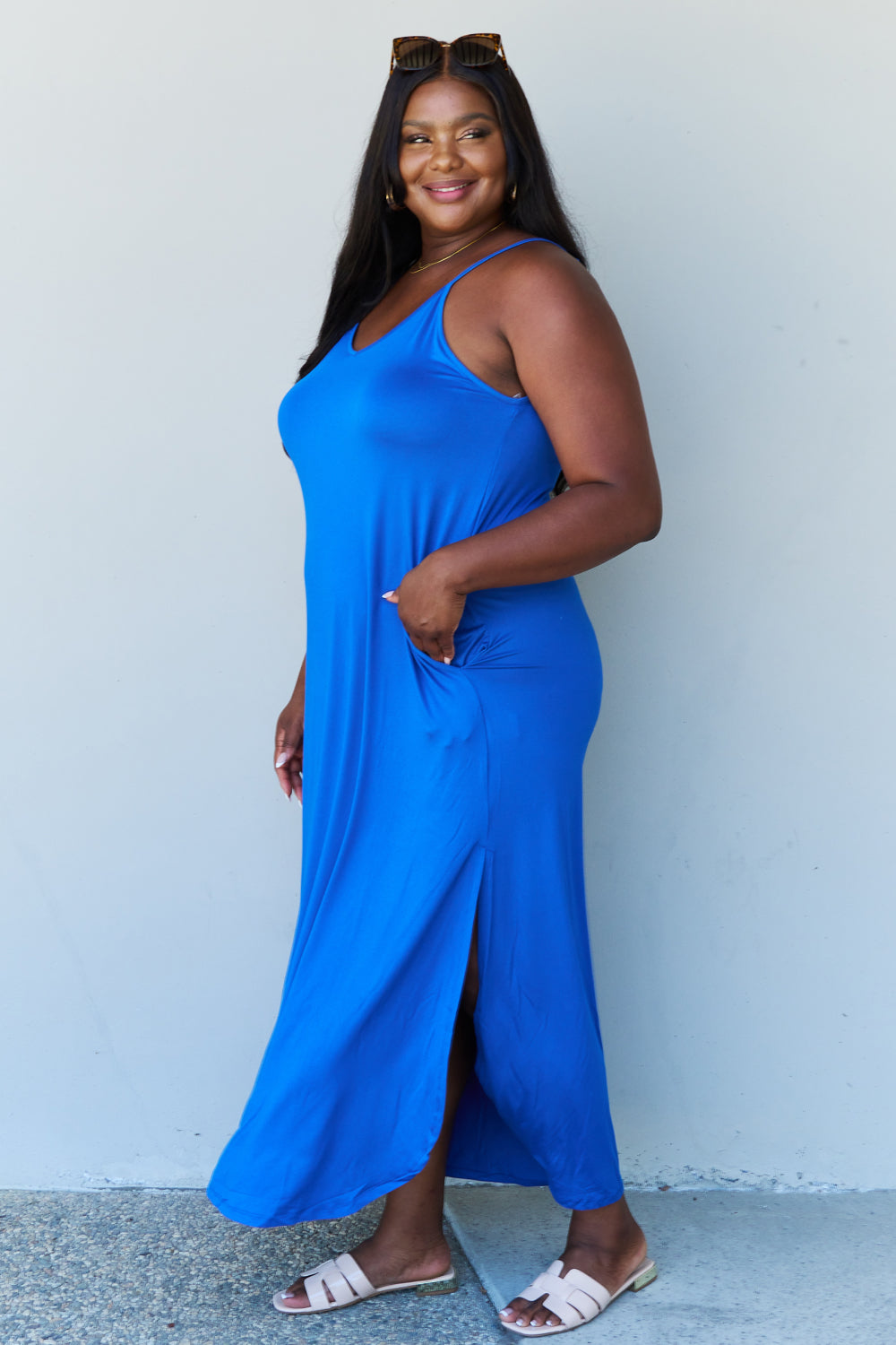 Light Steel Blue Ninexis Good Energy Full Size Cami Side Slit Maxi Dress in Royal Blue Dress