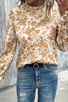 Gray Floral Print Mock Neck Flounce Sleeve Blouse