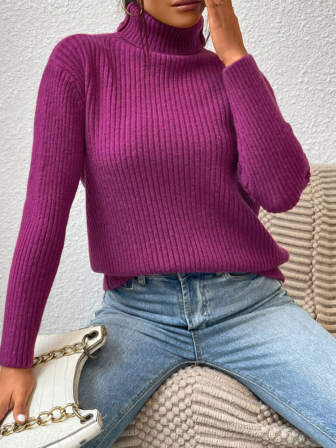 Dim Gray Ribbed Turtle Neck Long Sleeve Sweater Trends