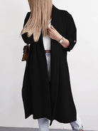 Black Slit Open Front Roll-Tab Sleeve Trench Coat Coats & Jackets