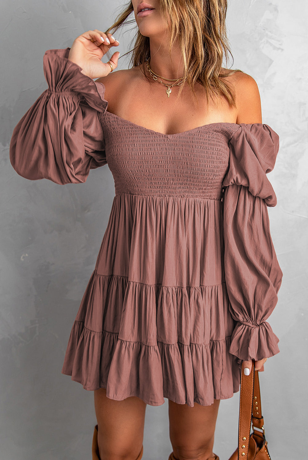 Dim Gray Even Up The Score Smocked Off-Shoulder Tiered Mini Dress Dresses