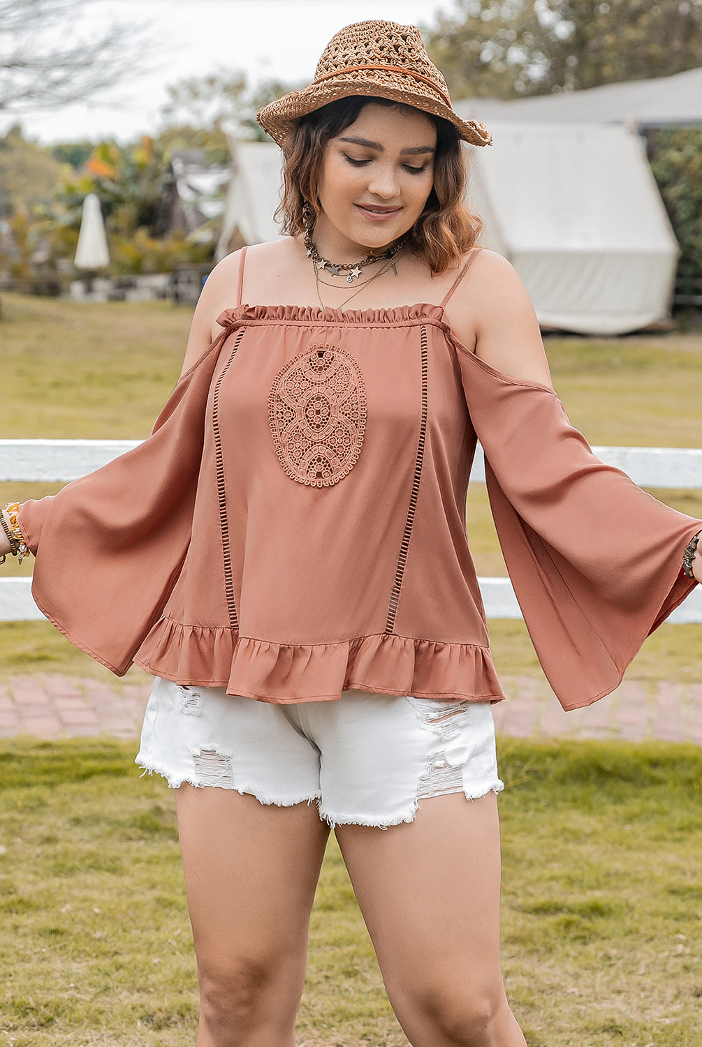Rosy Brown Plus Size Frill Square Neck Long Sleeve Blouse