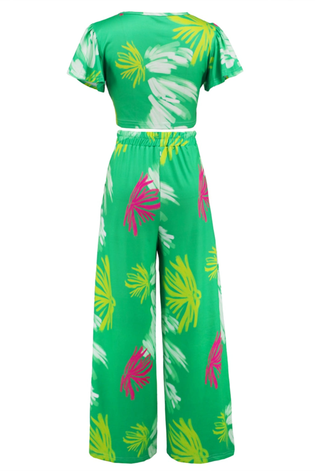Medium Sea Green Printed V-Neck Top and Tied Pants Set Vacation