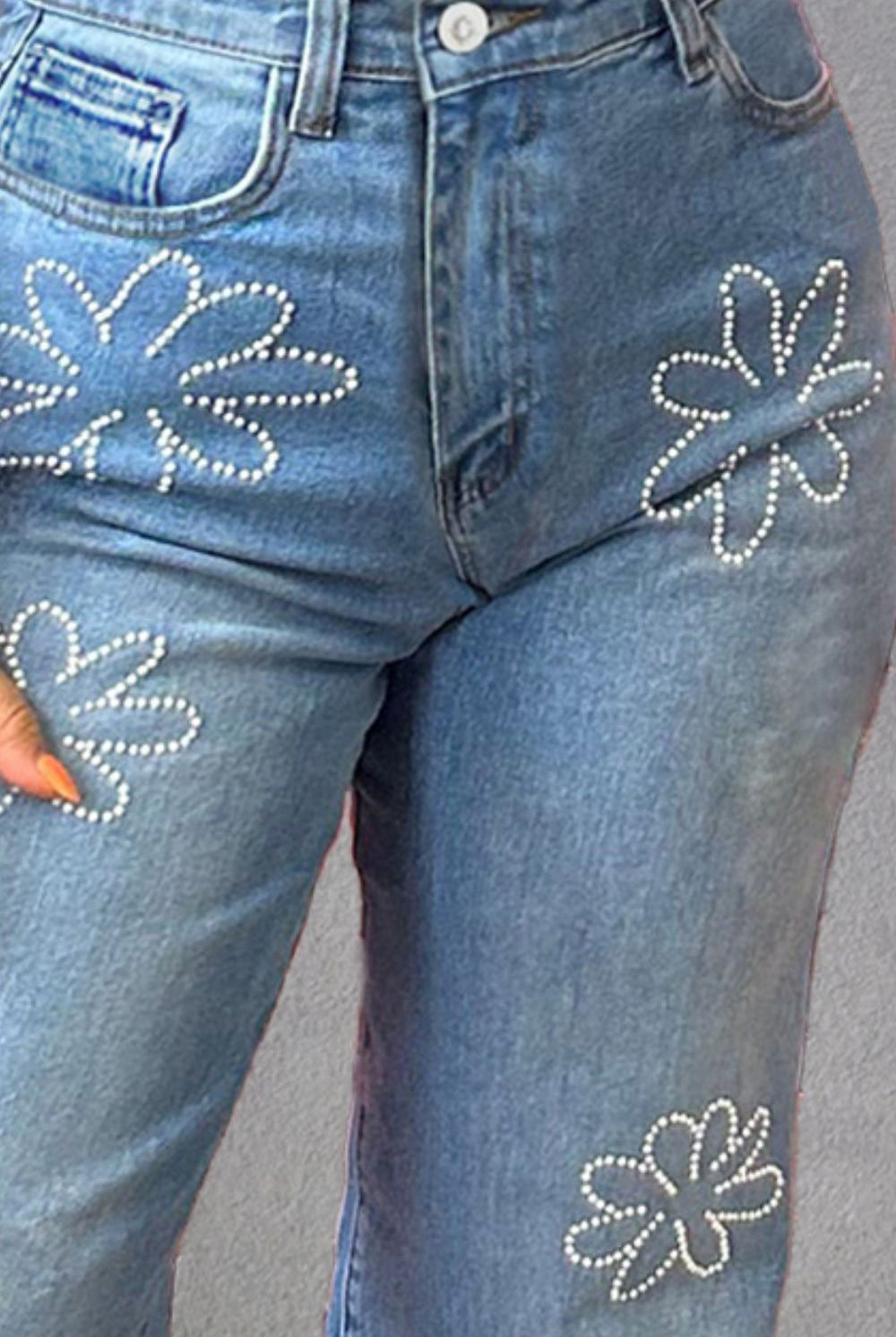 Slate Gray Rhinestone Straight Jeans with Pockets Denim